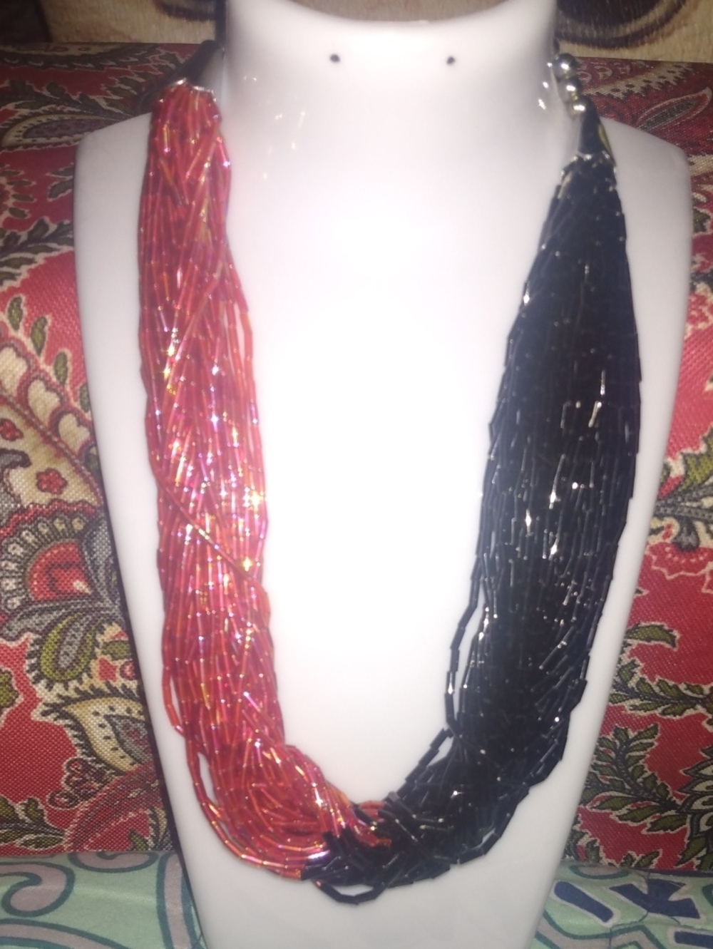 Red & Black Beaded Statement Necklace Beaded